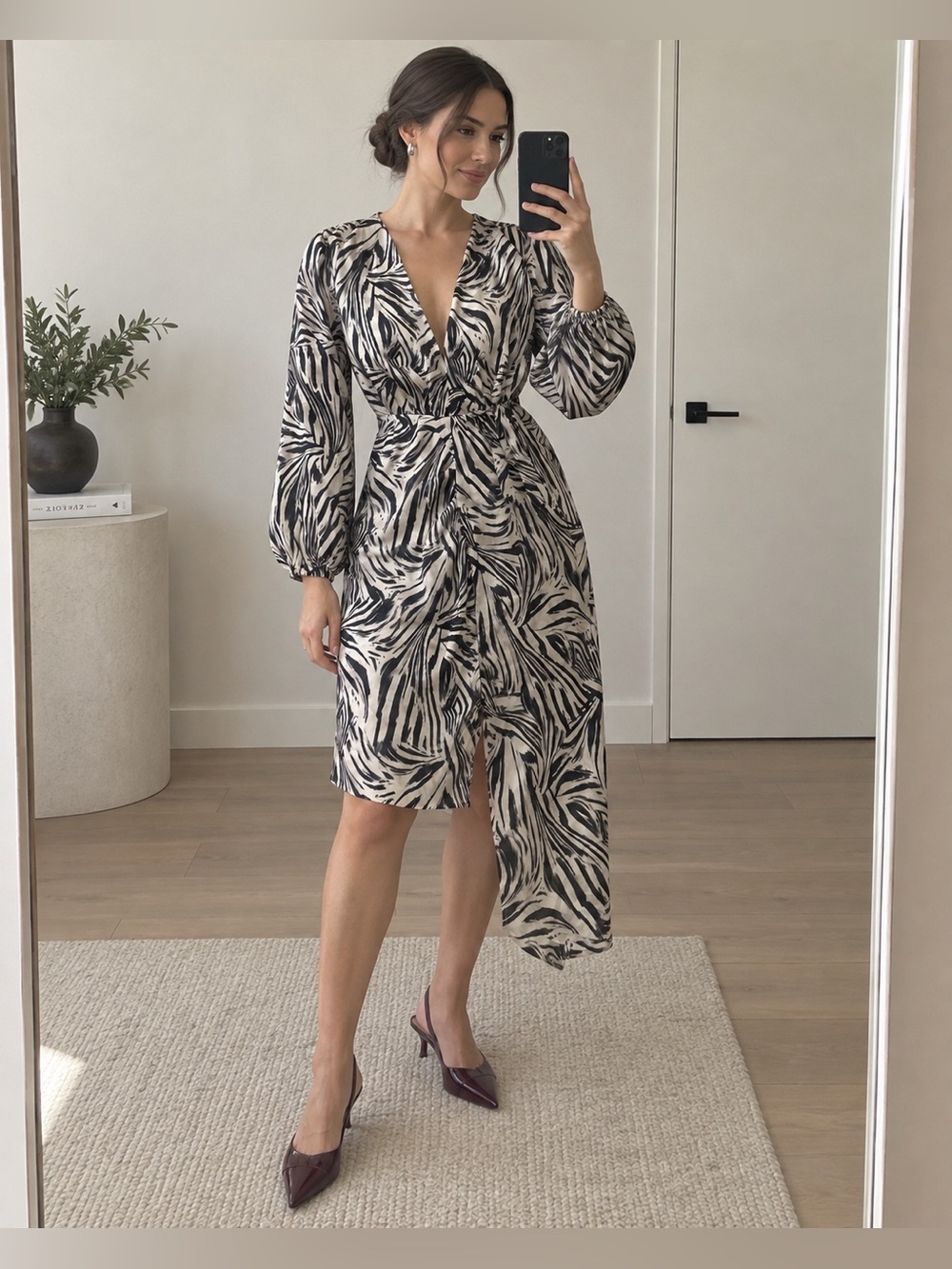 WAYF Black White Abstract Print Asymmetrical Midi Dress Size M